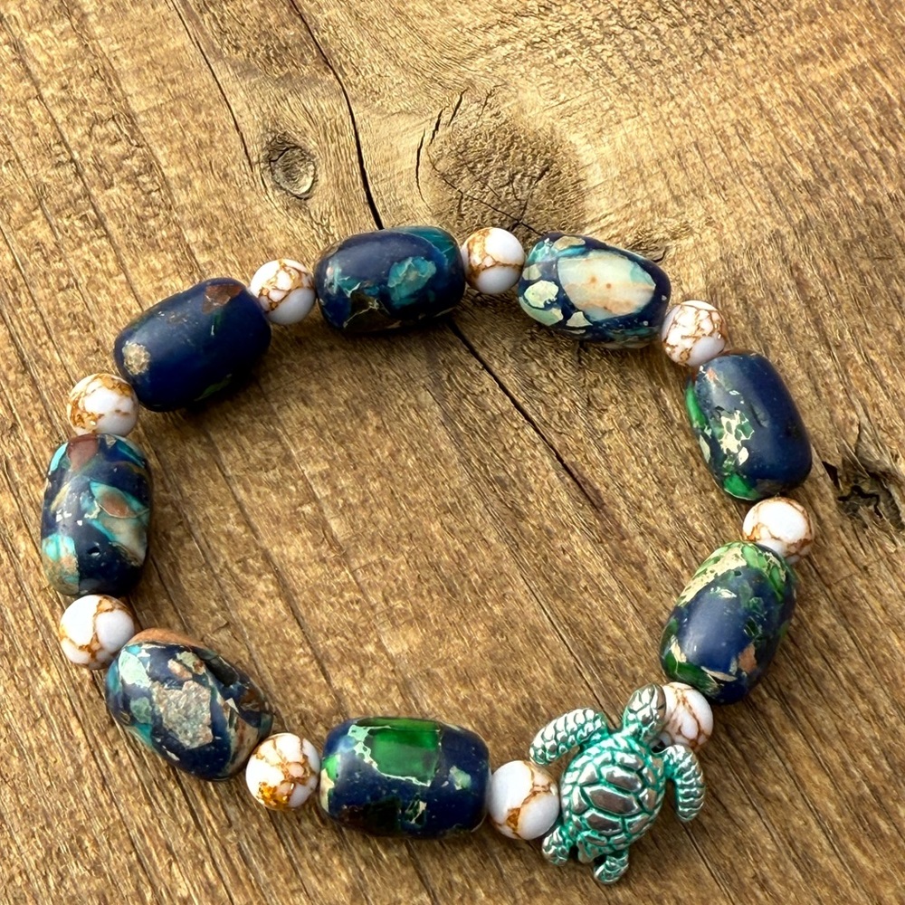 Handcrafted Blue and Green Azurite Beaded Turtle Bracelet